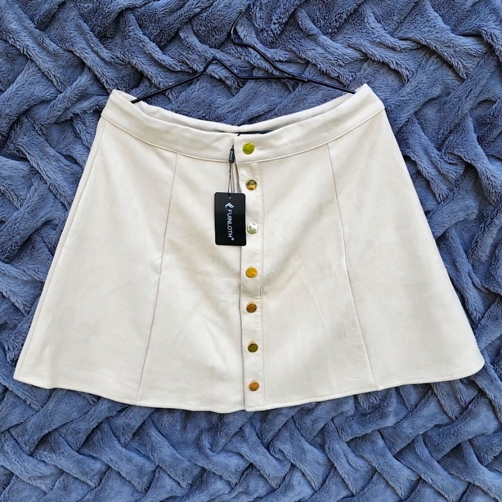 Fuinloth Women's Button Closure Faux Suede A-Line High Waist Short Skirt